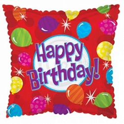 Фольгированный шар "С Днем рождения (яркие шары)", Квадрат, Красный 18"\46 см